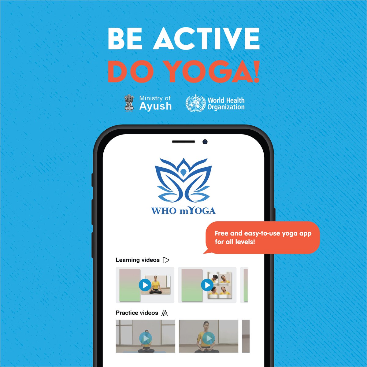 WHO's tweet photo. Today is #InternationalDayOfYoga!

Yoga is a great way to #BeActive. Try the new mYoga App, developed by WHO and the government of #India 👇
📲 iOS https://t.co/6O4MVMBV8J
📲 Android https://t.co/vGVV0SPmO2 https://t.co/hHSxJkArr8