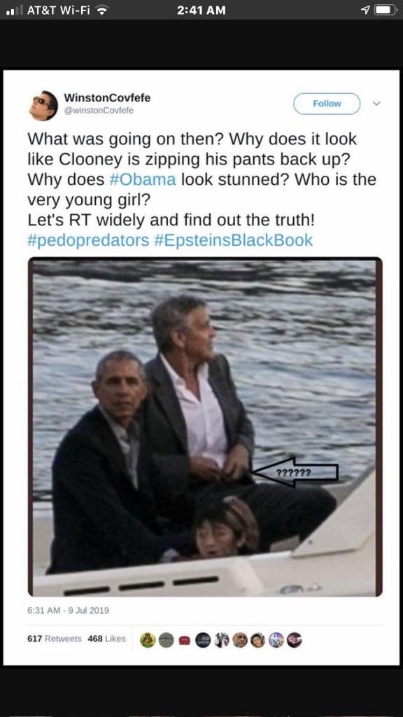 0bam@, Clooney and a little girl taking a boat ride. Tweet came from old twit buddy Winston.