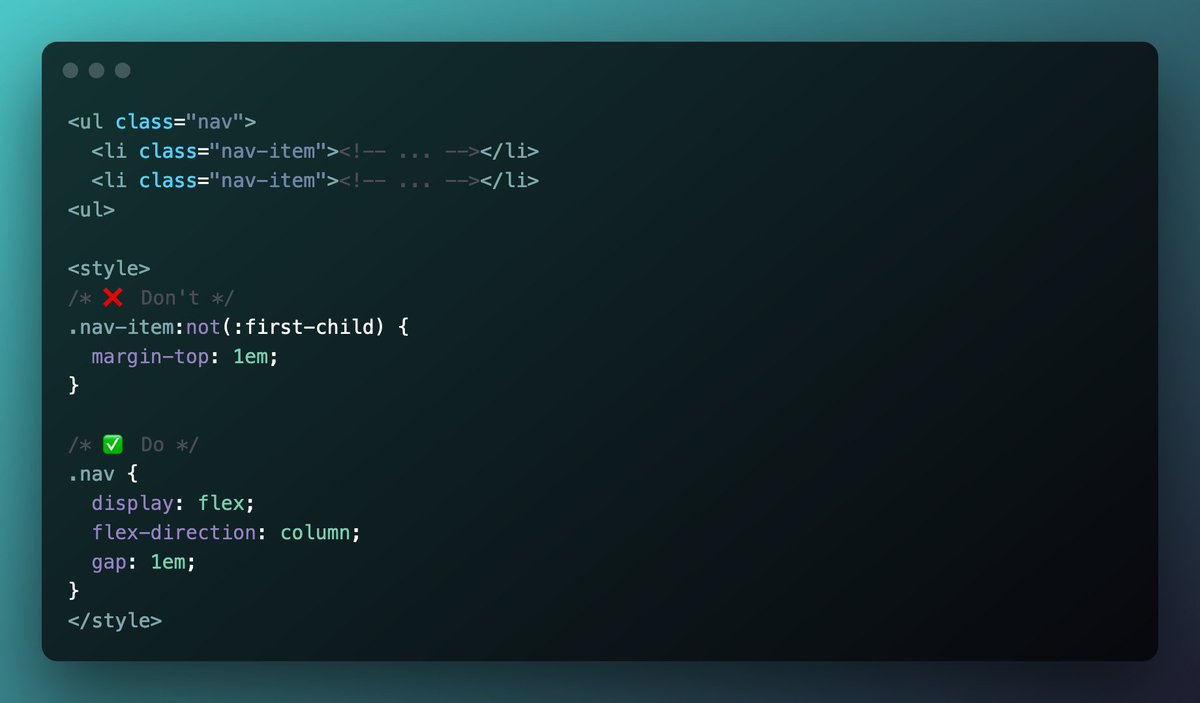 MaOberlehner's tweet image. ⚡️When writing CSS, the spacing between HTML elements should be determined by their parent element in most cases.
This makes your code more resilient and predictable.