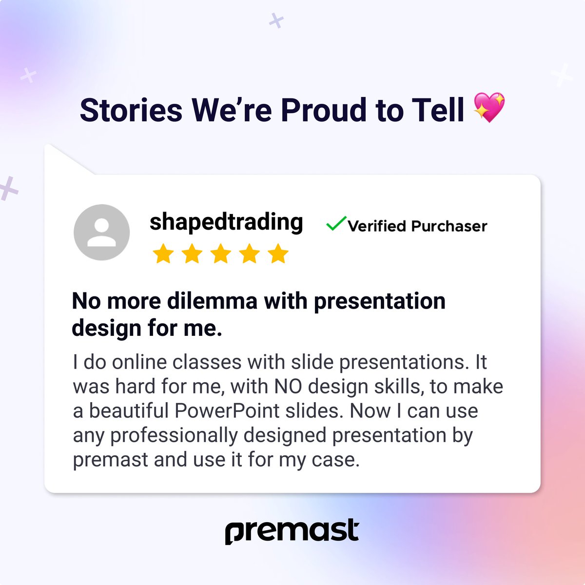 Premast_co's tweet photo. We are happy to share some good feedback with you guys 🤩
Check out here: https://t.co/H7p4CqriYT
Great deal and great community 👆
#PowerPoint #sumoling https://t.co/UXynS9UWzi