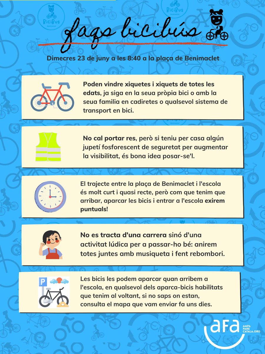 BicibusB's tweet photo. Ja ho tenim ací‼️
Este dimecres 23 a les 8:40 ⏰ ens veiem a la Plaça ⛲ per anar 🚲 pedalant a l’escola.
Si teniu algun dubte del Bicibús hem preparat esta fulla amb algunes recomanacions. https://t.co/J2dXfkCwFb
