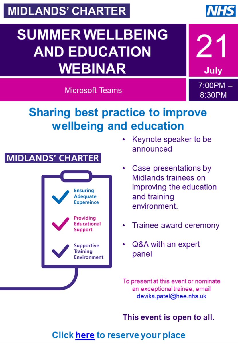 jazzNHS's tweet photo. The @NHSMidlands and @NHSHEE_Midlands #MidlandsCharter #summer #wellbeing and #education webinar for #trainees is launched. Here’s the link to register: https://t.co/Wo27qI9dI4 https://t.co/45ghbcIHDk