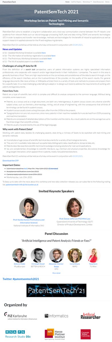 xidira's tweet photo. #PatentSemTech2021 workshop https://t.co/oWWmFDbqGq @SIGIRConf presents a rich schedule covering 2 keynotes, 6 papers, an expert panel and more. Register https://t.co/dw9rkaRaN5 'til July 10  @xidira @flpiroi @allanhanbury @DAlderucci #patentmining #nlp #deeplearning https://t.co/o7CRfcEQSZ
