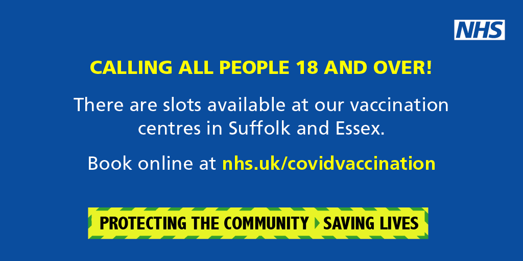 People aged 18 or over can now book their COVID vaccine - appointments available across Suffolk and Essex.

💻Book online ow.ly/ywMz50FddVP
☎️Call 119