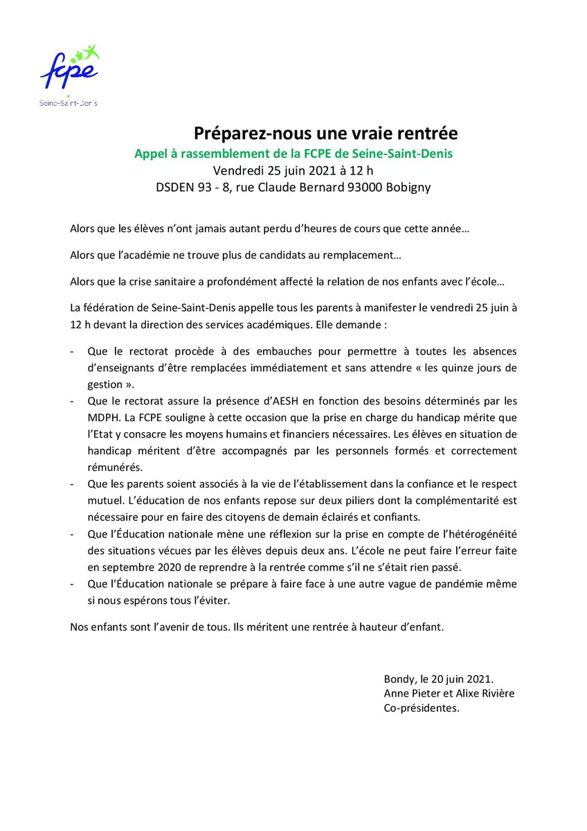 fcpe93's tweet image. Alors que les élèves n’ont jamais autant perdu d’heures de cours que cette année…
Alors que la crise sanitaire a profondément affecté la relation de nos enfants avec l’école
La FCPE93 appelle tous les parents à manifester le vendredi 25 juin à 12h devant la DSDEN93 à Bobigny