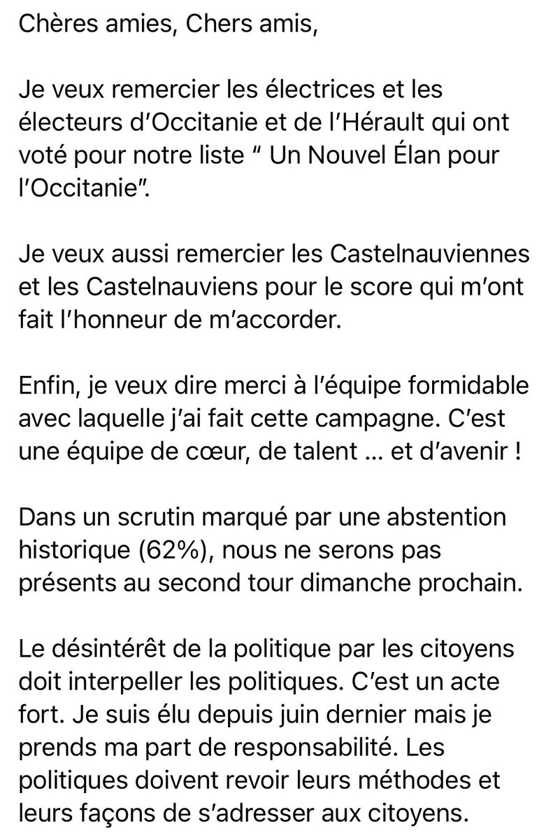 JulienMiro's tweet photo. Ma réaction suite aux résultats du premier tour des élections régionales et départementales en #Occitanie et dans l’Hérault #Regionale2021 https://t.co/noRfpAc5RA
