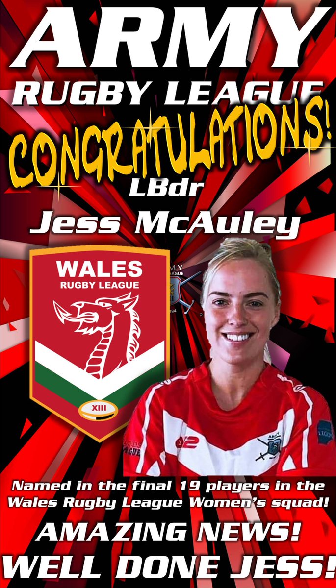 🏴󠁧󠁢󠁷󠁬󠁳󠁿INTERNATIONAL CONGRATULATIONS!🏴󠁧󠁢󠁷󠁬󠁳󠁿 LBdr @JessMcAuley @rhqra has been named in the final 19 player @WalesRugbyL Women squad! Congrartulations Jess from everyone at @ArmyRugbyLeague 👏 The Wales Vs @England_RL test match takes place this Saturday! 📺Live on Sky Sports at 17:30