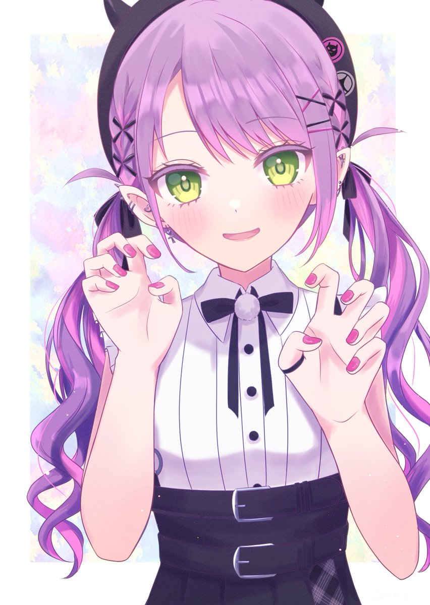 tokoyami towa 1girl solo purple hair green eyes shirt twintails horned headwear  illustration images