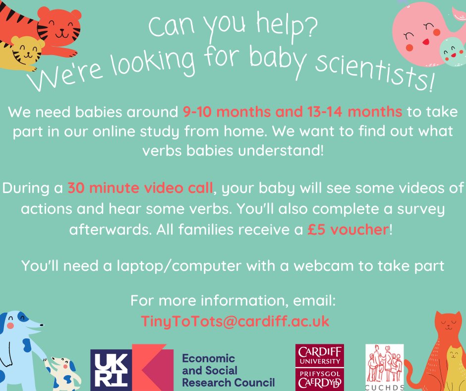 Tiny To Tots (@cu_tinytotots) on Twitter photo Do you have a baby born APRIL 2020 or AUGUST 2020 in the UK? We are looking for more families to take part in our online language study. We want to find out which verbs babies understand! Email TinyToTots@cardiff.ac.uk for more information! Do you have a baby born APRIL 2020 or AUGUST 2020 in the UK? We are looking for more families to take part in our online language study. We want to find out which verbs babies understand! Email TinyToTots@cardiff.ac.uk for more information!