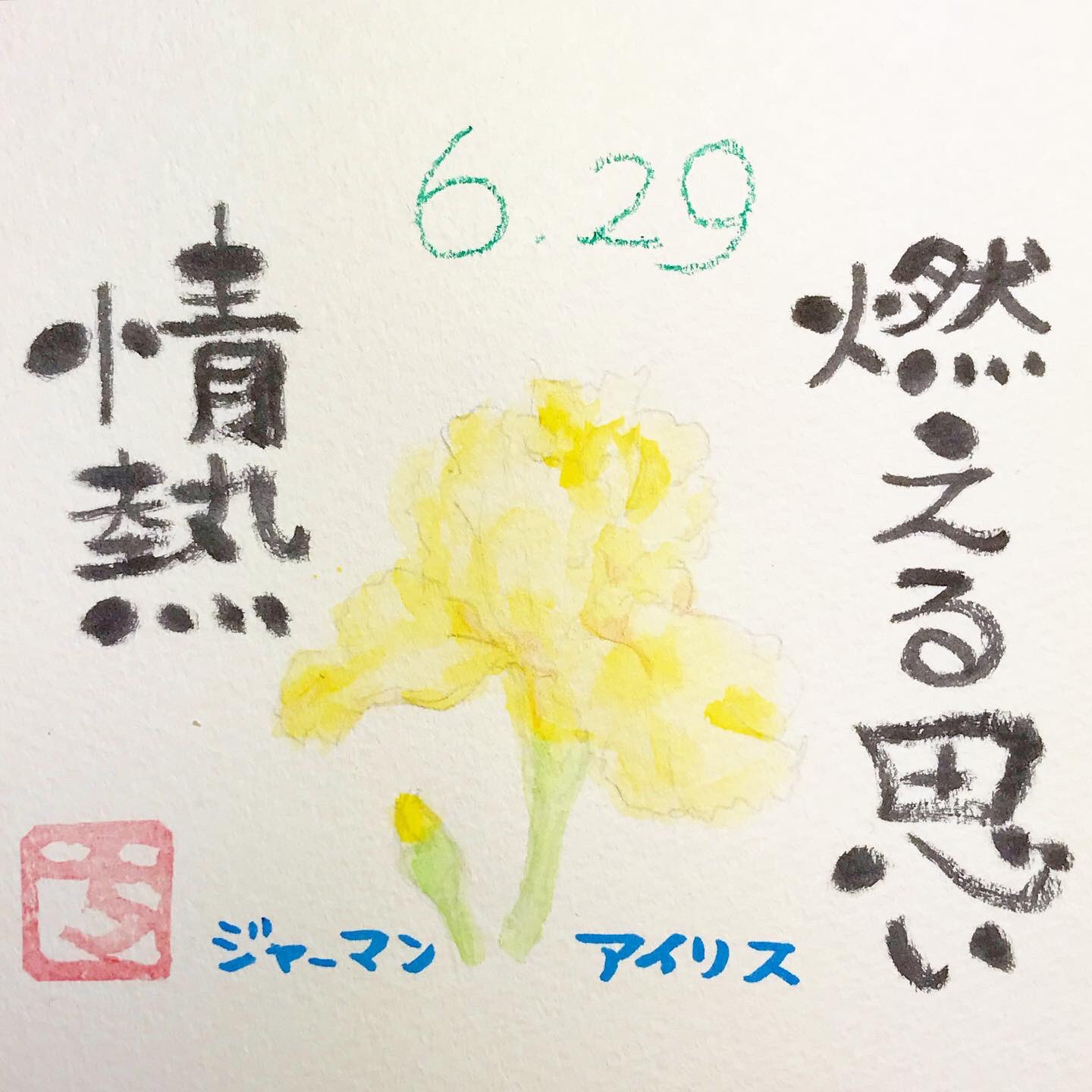 千花 誕生花アート 6月29日の誕生花は ジャーマンアイリス Germaniris 花言葉は 燃える思い 情熱 お誕生日おめでとうございます 誕生花 誕生日 Birthday Birthflower 己書もどき 筆文字 初心者 練習中 365days 花 Flower Flowers 花言葉