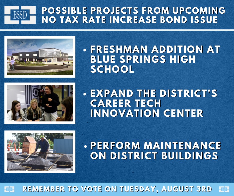 BSSDnews's tweet photo. The Blue Springs School District has two questions on the August 3 ballot — a No Tax Rate Increase Bond and a No Tax Rate Increase Levy Fund Transfer: https://t.co/7SdX8cUQyd