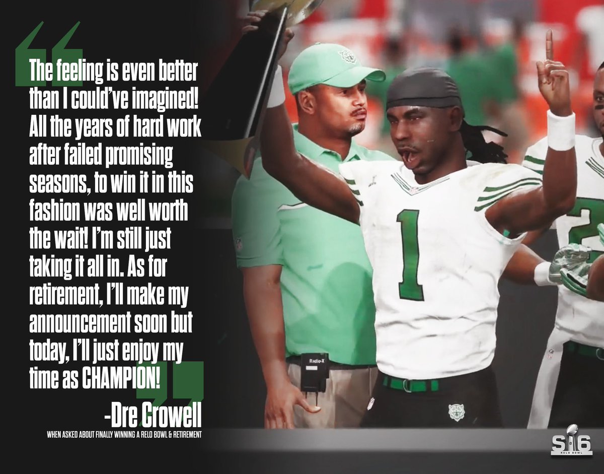 RFL_Sim_League's tweet photo. Do you think Dre Crowell will choose to retire, or stay as a mentor another season for @RFLJustinJ? Comment your predictions below below! #RFL #Season6 #ReloBowl #ReloBowl6 #Quote #Playoffs #NFL #Sports #Football #PS5 #Madden #Madden21 #Esports #LeagueFirst https://t.co/ckCi0t12W3
