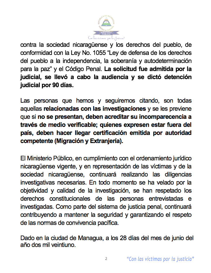 Canal6Nicaragua's tweet photo. Ministerio Público informa sobre continuación de los procesos por delitos de lavado de dinero, bienes, activos y otras actividades ilícitas que atentan contra la Ley 1055, Ley de Defensa de los Derechos del Pueblo a la Independencia, la Soberanía y Autodeterminación para la Paz. https://t.co/fU5asVXAAY