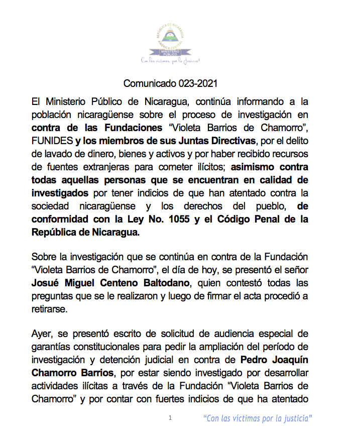 Canal6Nicaragua's tweet photo. Ministerio Público informa sobre continuación de los procesos por delitos de lavado de dinero, bienes, activos y otras actividades ilícitas que atentan contra la Ley 1055, Ley de Defensa de los Derechos del Pueblo a la Independencia, la Soberanía y Autodeterminación para la Paz. https://t.co/fU5asVXAAY