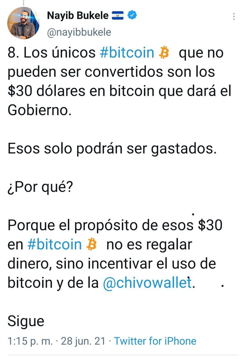 ElSalvador | El Presidente de la República anuncia que la conversión de los  $30.00 que el gobierno otorgará a las personas que quieran usar #bitcoin  queda prohibida, aduciendo que son para incentivar