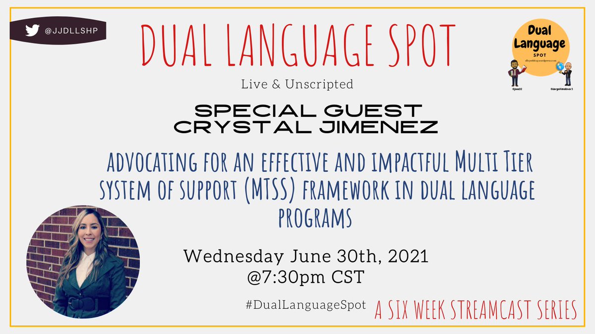 JJDLLshp's tweet photo. We're excited to continue to unpack what "advocacy" means for Dual Language Education.. Join us this wednesday for an unscripted conversation with @MrsJimenez03 about the MTSS process and how to make it work in Dual Language Program! Nos vemos ahi! #DualLanguageSpot https://t.co/TWsfomEmit