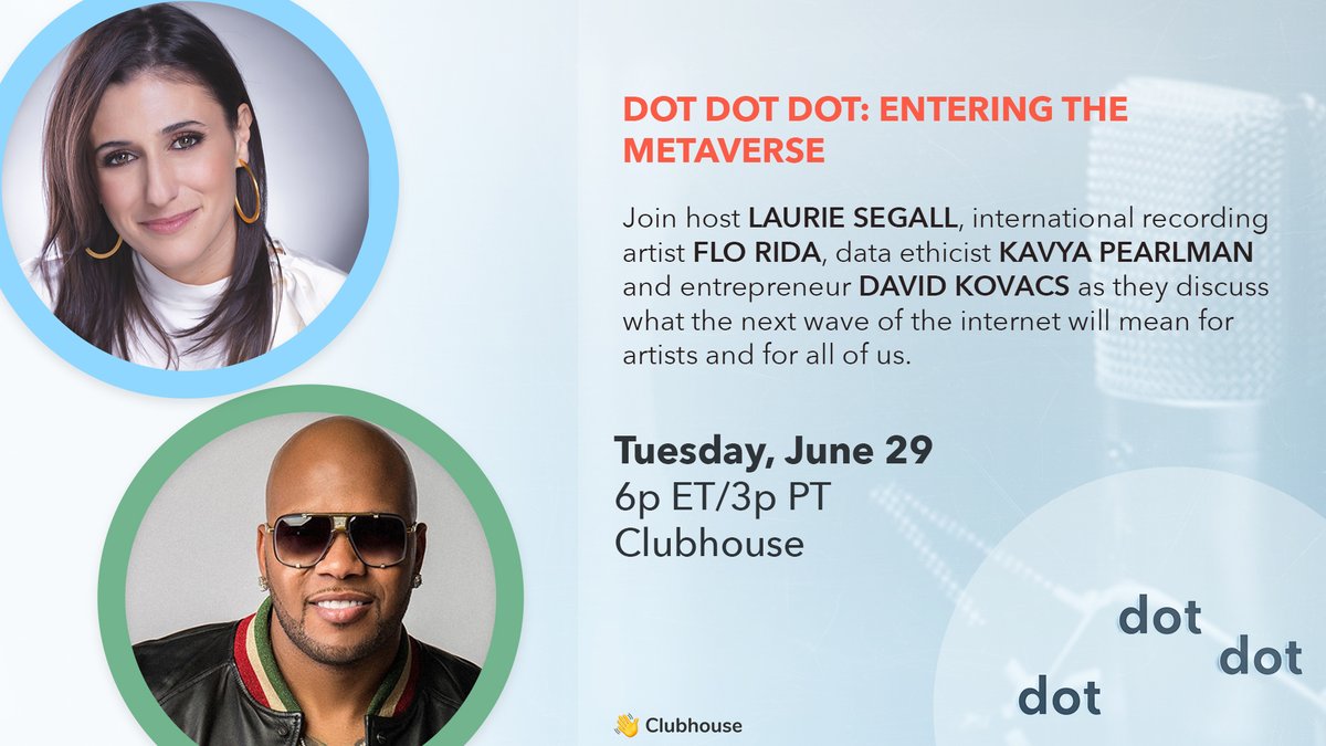 #Metaverse Join us for this <a href="/Clubhouse/">Clubhouse</a> chat tomorrow with <a href="/official_flo/">FLO RIDA</a> and <a href="/LaurieSegall/">Laurie Segall</a> 😆🙌 
👋clubhouse.com/event/P9BkBZvx

#NFT #NFTs #Entertainment #Art #MakingHistory #TheFutureofmemorabilia  #Future #EmmersiveEntertainment #mixedreality