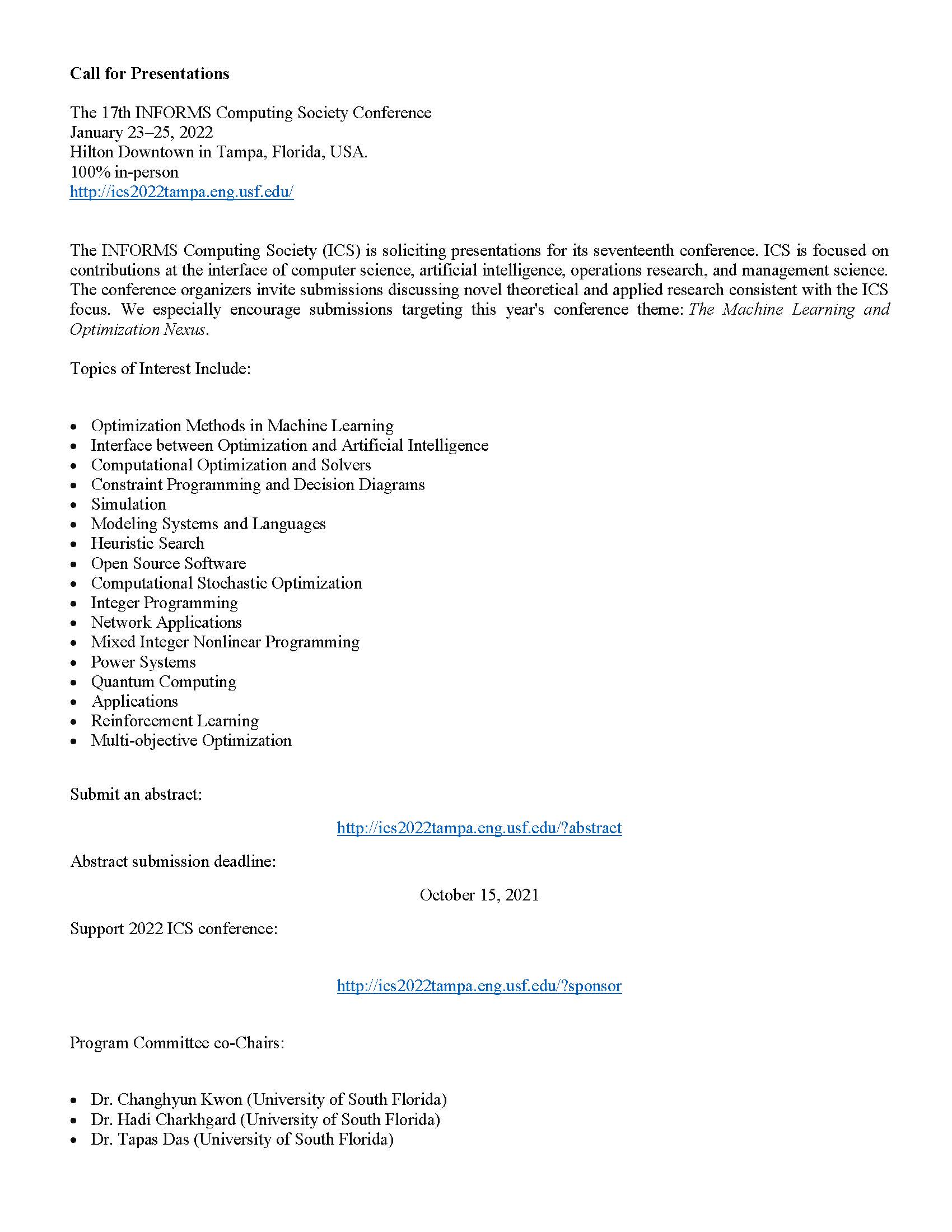 Informs 2022 Schedule 17Th Informs Computing Society Conference On Twitter: "Call For  Presentations: You Can Now Submit Your Abstract And Start To Plan For The  Informs Computing Society Conference (Ics) 2022. Visit Our Website And