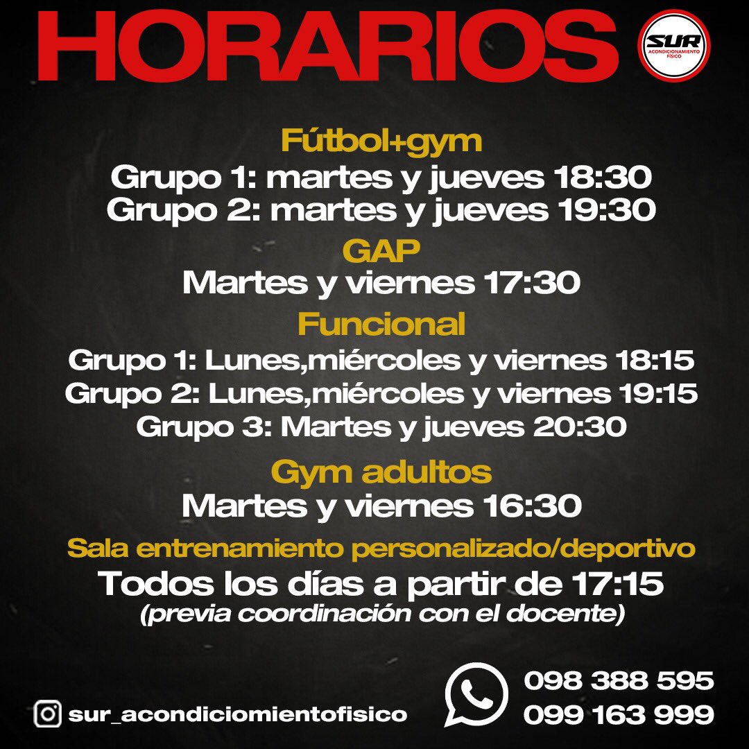 📆 𝔇𝔦́𝔞𝔰 𝔶 𝔥𝔬𝔯𝔞𝔯𝔦𝔬𝔰 𝔡𝔢 𝔠𝔩𝔞𝔰𝔢𝔰 🏋🏻

En 𝗦𝗨𝗥 - 𝗔𝗰𝗼𝗻𝗱𝗶𝗰𝗶𝗼𝗻𝗮𝗺𝗶𝗲𝗻𝘁𝗼 𝗙𝗶́𝘀𝗶𝗰𝗼 vas a encontrar múltiples actividades… ¡𝚅𝙴𝙽𝙸́ 𝙰 𝙿𝚁𝙾𝙱𝙰𝚁 𝚃𝚄 𝙿𝚁𝙸𝙼𝙴𝚁𝙰 𝙲𝙻𝙰𝚂𝙴!

📞 Contactos: 098388595 / 099163999

#SUR