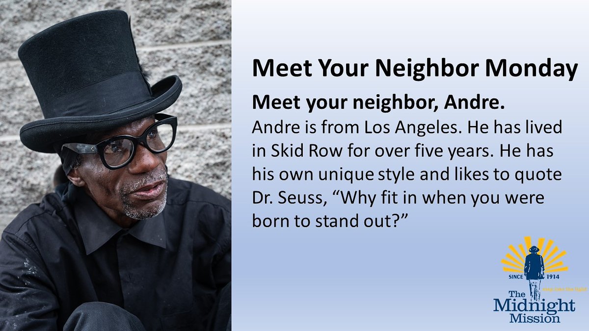 midnightmission's tweet photo. This week's Meet Your Neighbor is Andre. #meetyourneighbor #themidnightmission #themidnight #thisistheday #tmm #midnightmission #skidrow #skidrowlosangeles #losangeles #endhomelessness #homelessshelter #losangeleshomelessshelter #nonprofit #charity #donate #volunteer #volunteerla https://t.co/LC9h84kYOP