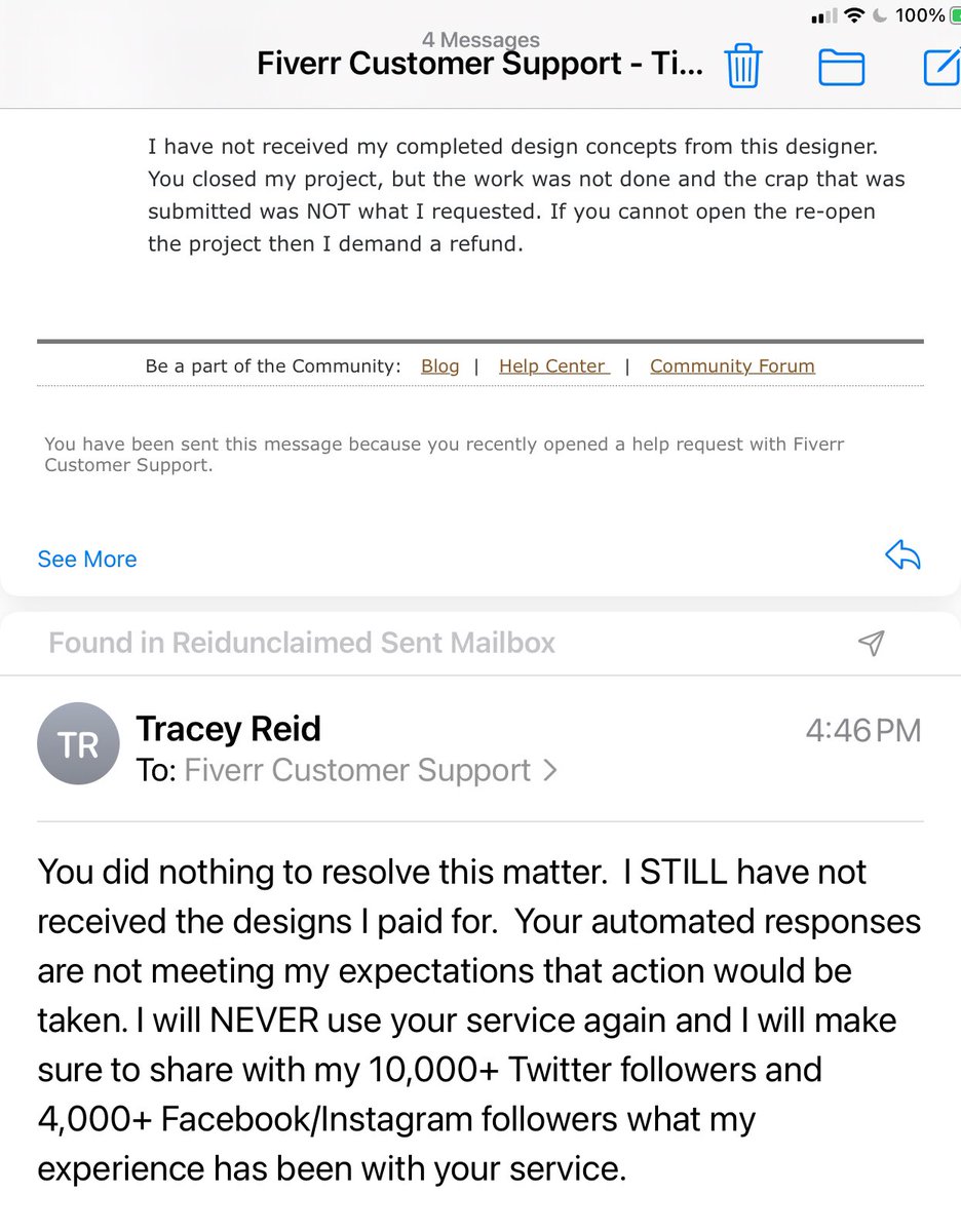 TraceyReidKy's tweet photo. #FiverrSuck Save your money!  Hey, Friends….Little Bit of a “Buyer Beware” Rant Ahead….I tried the website “Fiverr” for the first time last week to get a logo designed for the new business I am creating  and I had a HORRIBLE EXPERIENCE with the platform (part 1) https://t.co/KfjDvVhX6n