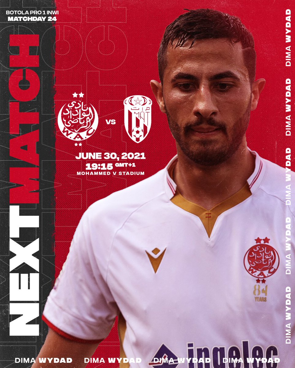 WACofficiel's tweet photo. ⚡Next match⚡ WAC vs MAT. Let’s go!
🏆#BotolaProInwi
📆 June 30, 2021
🕖 19:15
🏟 Mohammed V Stadium
#WAC_MAT
#DimaWydad https://t.co/hfUl6iMJ4l
