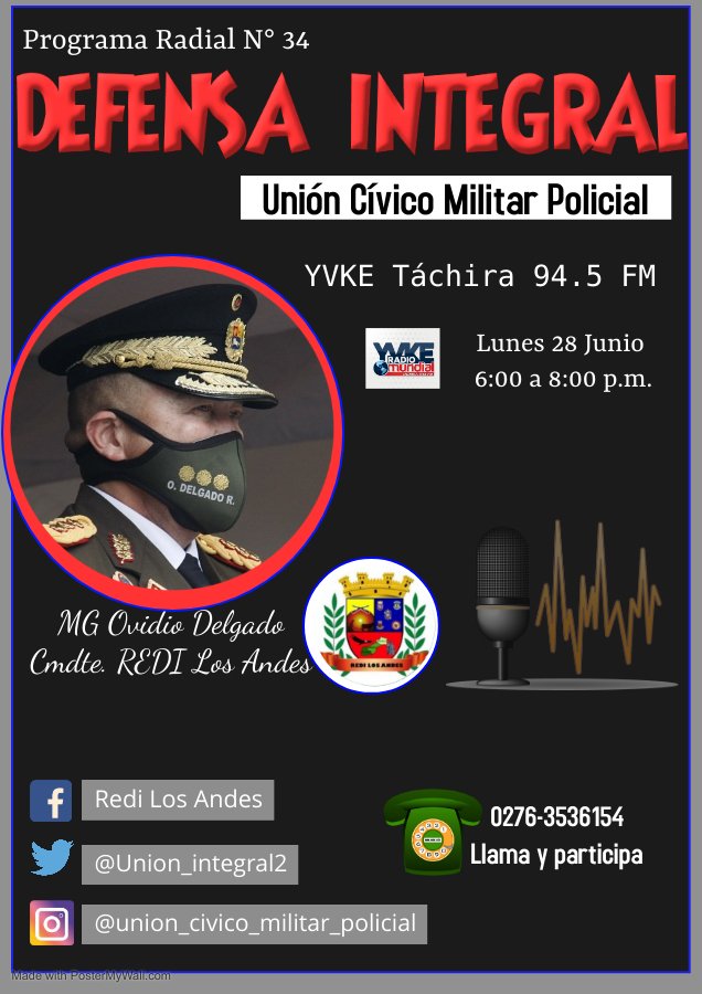 #DefensaIntegral En pocos minutos damos inicio al programa N° 34 del .<a href="/MGOvidioDelgado/">MG. Ovidio de Jesús Delgado Ramirez</a> Cmdte de la <a href="/Redi_andes/">REDI N° 2 "Los Andes"</a> por <a href="/YvkeTachira/">Yvke Tachira</a> 94.5 FM y el grupo de emisoras aliadas en #Tachira #Merida y #Trujillo 

#PeriodismoBicentenario