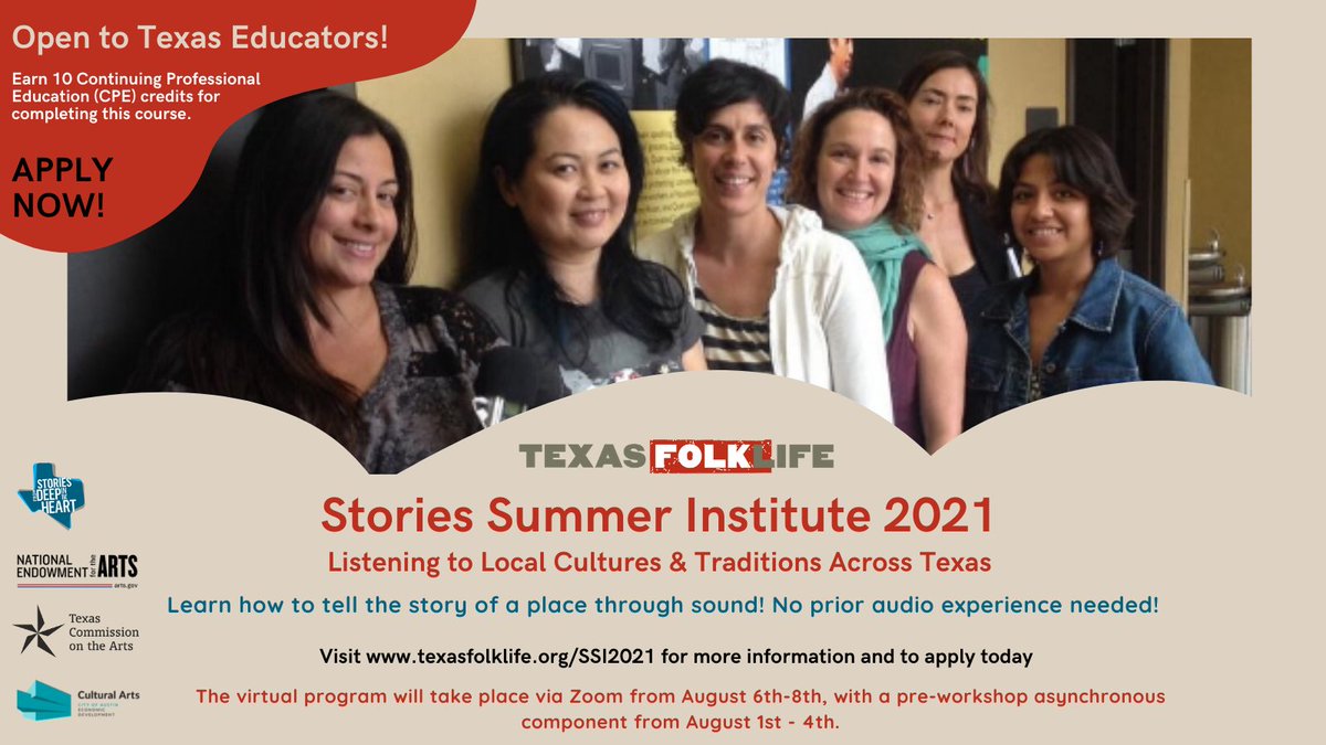 texasfolklife's tweet photo. The Stories Summer Institute is back for 2021! Open to all Texas Educators; #SSI2021 will occur virtually this year, including asynchronous and synchronous content. 

Learn more at https://t.co/tvS0OmYxJs

Texas Educators may apply to participate at https://t.co/VNWeKIdZVt https://t.co/JRwpnc5qK3