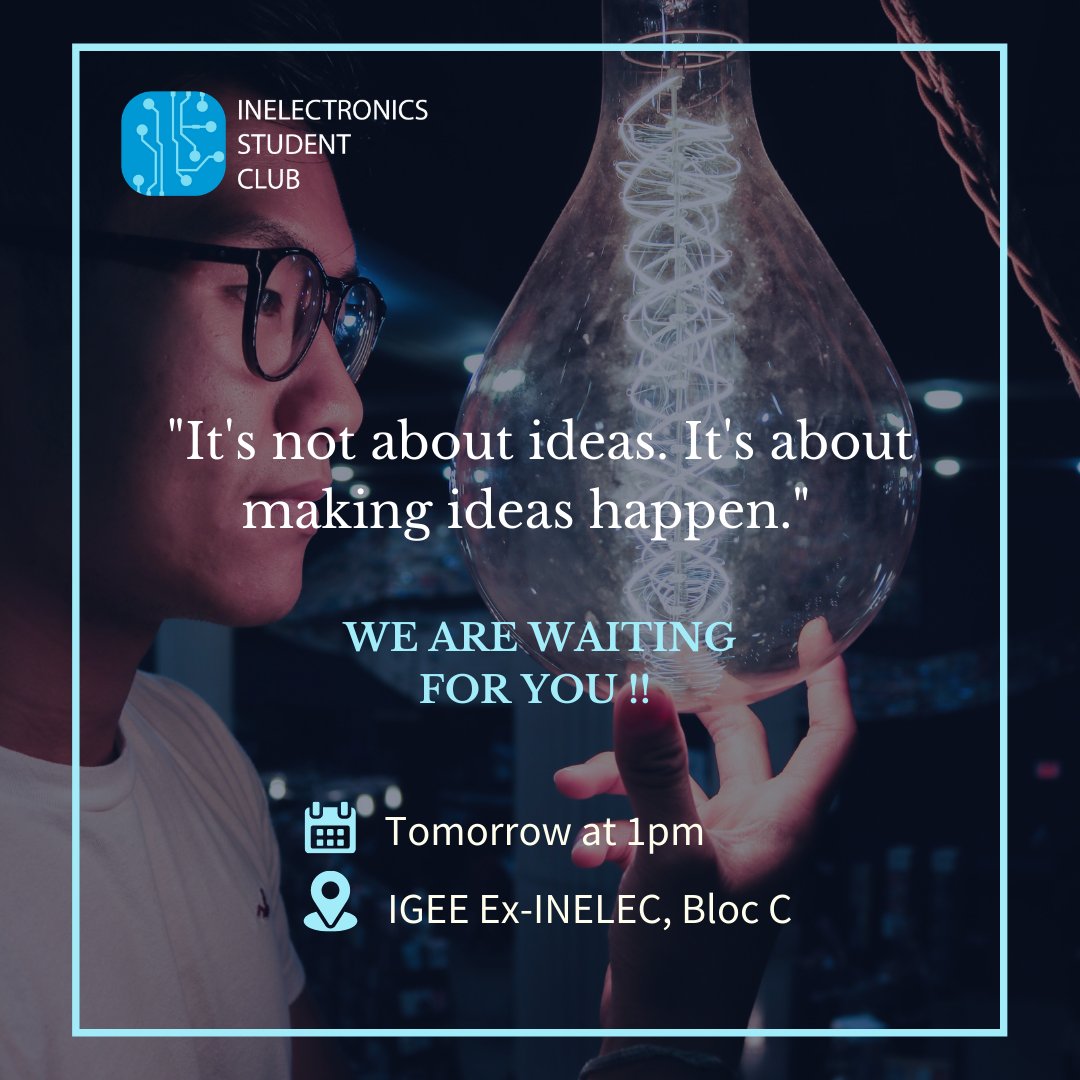 InelectronicsC's tweet photo. 📣"Innovate with Alumni" event is approaching fast and we can’t wait to see you tomorrow at our institute IGEE ex INELEC at 1 pm .
Don't miss it and be on time ! https://t.co/Qce81xPCy4