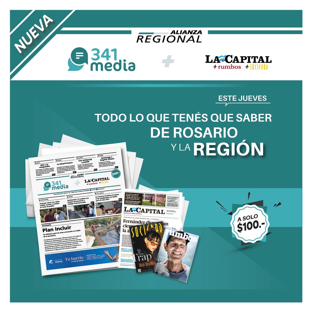 341media_'s tweet photo. 🤝Nos aliamos a La Capital y ahora encontrás todo lo que tenés que saber de Rosario y La Región de forma impresa! 
Pedilo este jueves con tu diario y en tu pueblo 🗞📍#NoticiasDeTuPueblo https://t.co/88G7iDZtkb