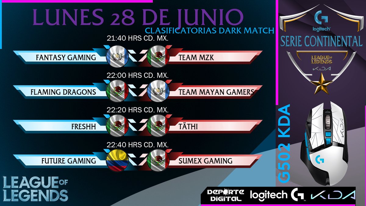 SERIE CONTINENTAL de LEAGUE OF LEGENDS 
CLASIFICATORIAS INTERNACIONALES LUNES 28 DE JUNIO
Prepárate para impresionar con el universo de KDA de League of Legends. <a href="/LogitechG/">Logitech G</a> 
Búscalos en: amzn.to/2MVVMfy