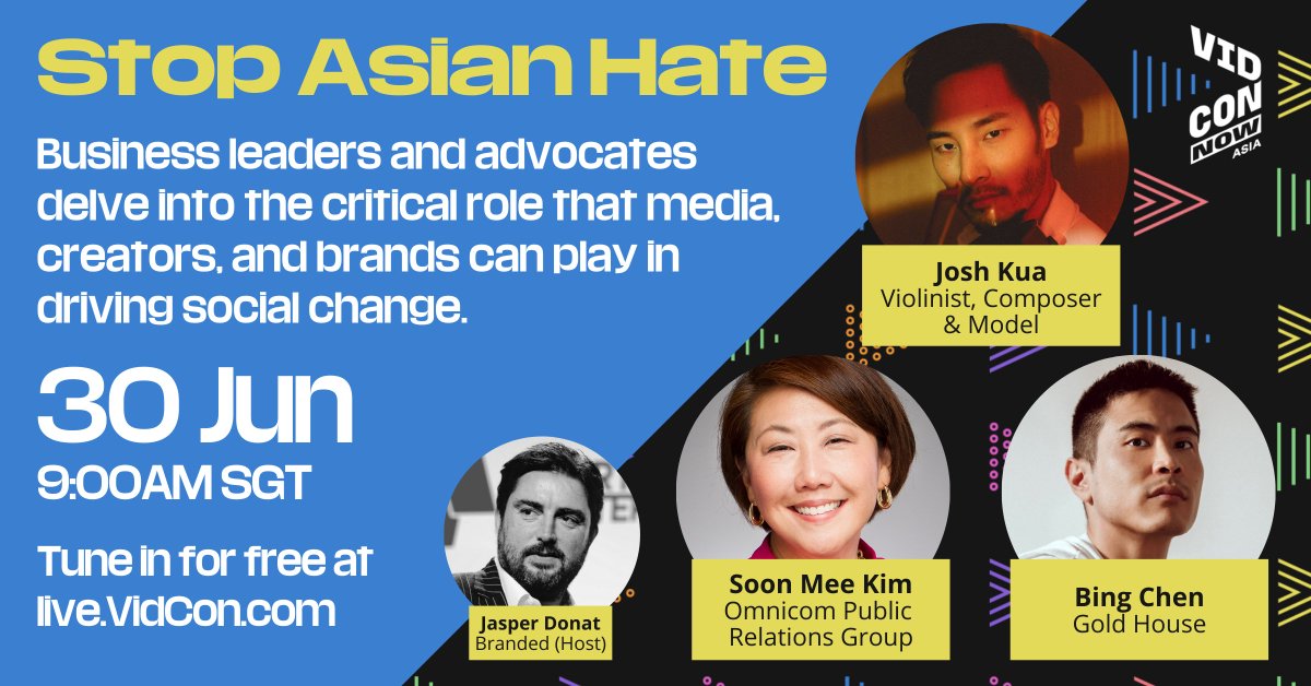 VidCon's tweet photo. Join us as we hear from business leaders &amp; advocates @soonmeekim, @bingchen, @josh_kua, and @jasperdonat as they discuss the critical role that media, creators, and brands can play in driving social change. Tune in for free at https://t.co/4qFcGAO322! https://t.co/LaMyUPhYp3