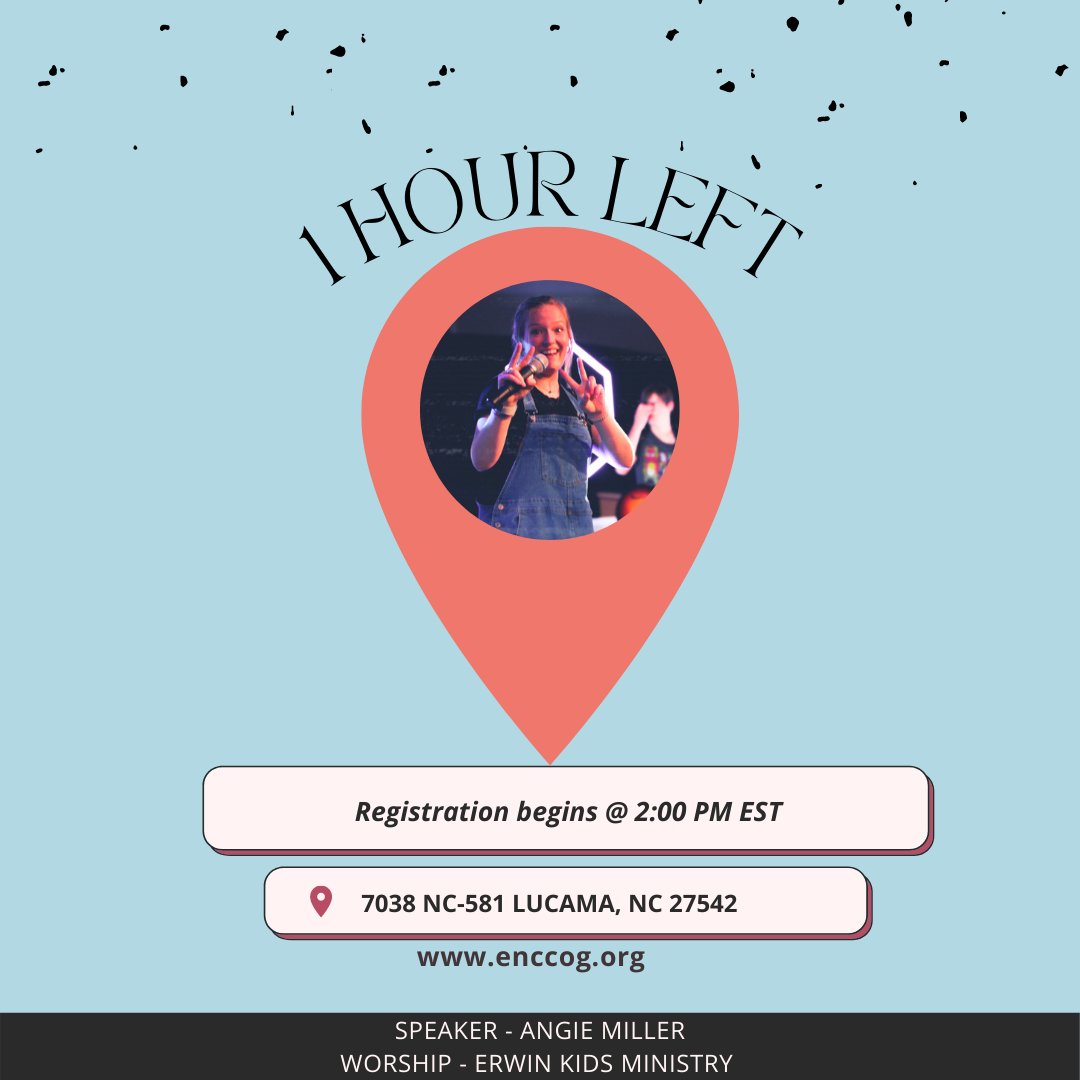 BIG NEWS!
Only 1 more hour until Kidz Camp Registration with Special Guest Angie Miller &amp; Worship by Erwin Kidz Ministry!!