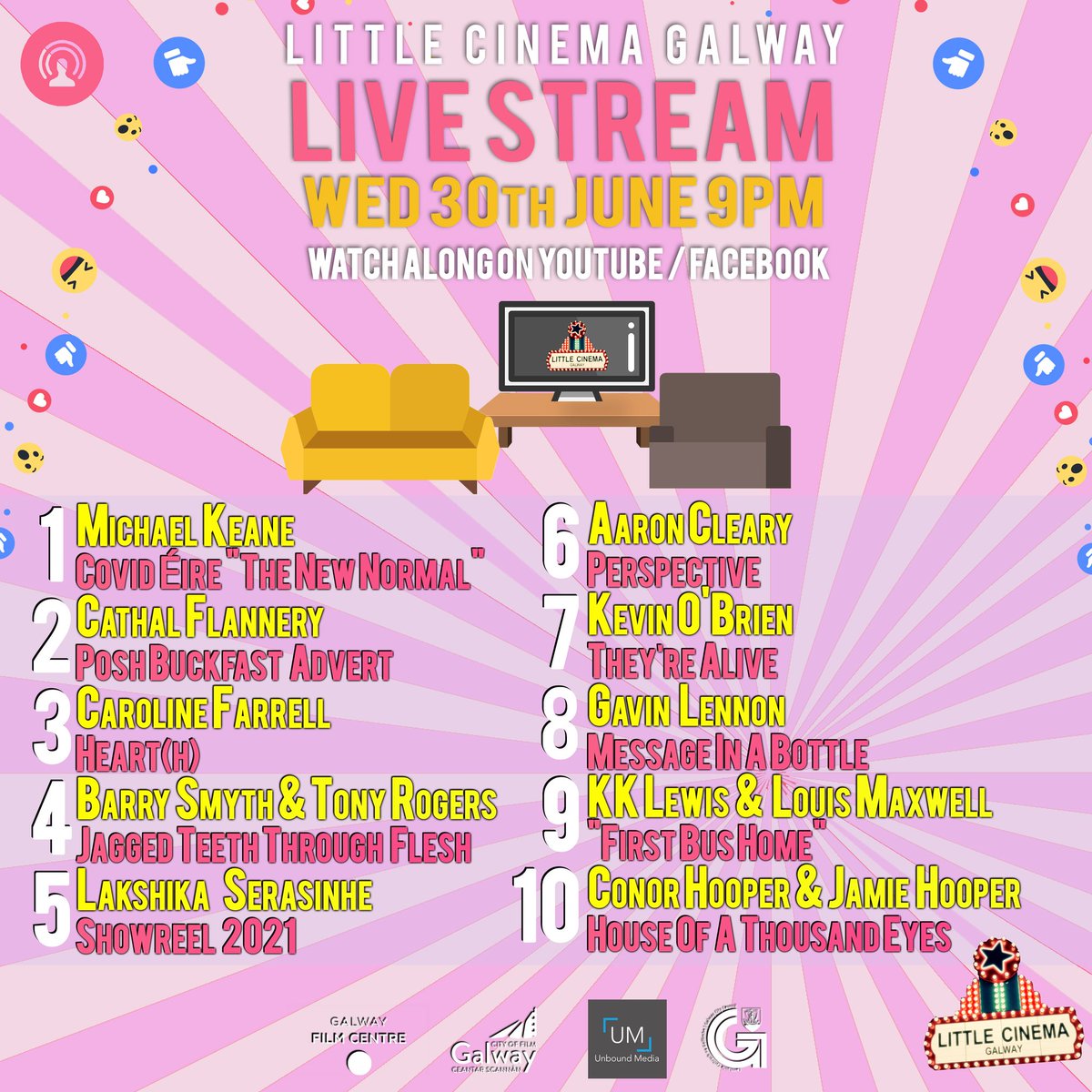 Check out the amazing line up of shorts, sketches &amp; music videos we have lined up for this Wednesdays stream! 
Tune in on YouTube / Facebook Live, we'll be taking a break for the summer so it could be the LAST ONE EVER😮! Tune in &amp; get involved in the comments with us online!