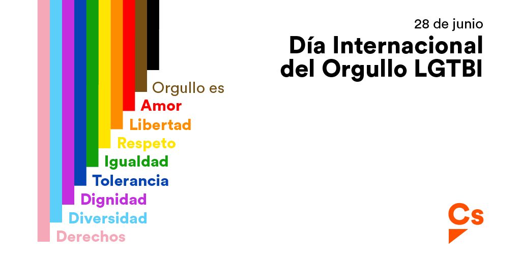 CsAzuaga's tweet photo. 🌈 ¡#FelizOrgullo2021!

🗓 Hoy celebramos el Día Internacional del Orgullo LGTBI y desde Cs reivindicamos la importancia de seguir trabajando por una sociedad abierta, tolerante y libre.

✅ Digamos SÍ a los derechos y libertades de todos los ciudadanos. https://t.co/UD5rDN9hvx