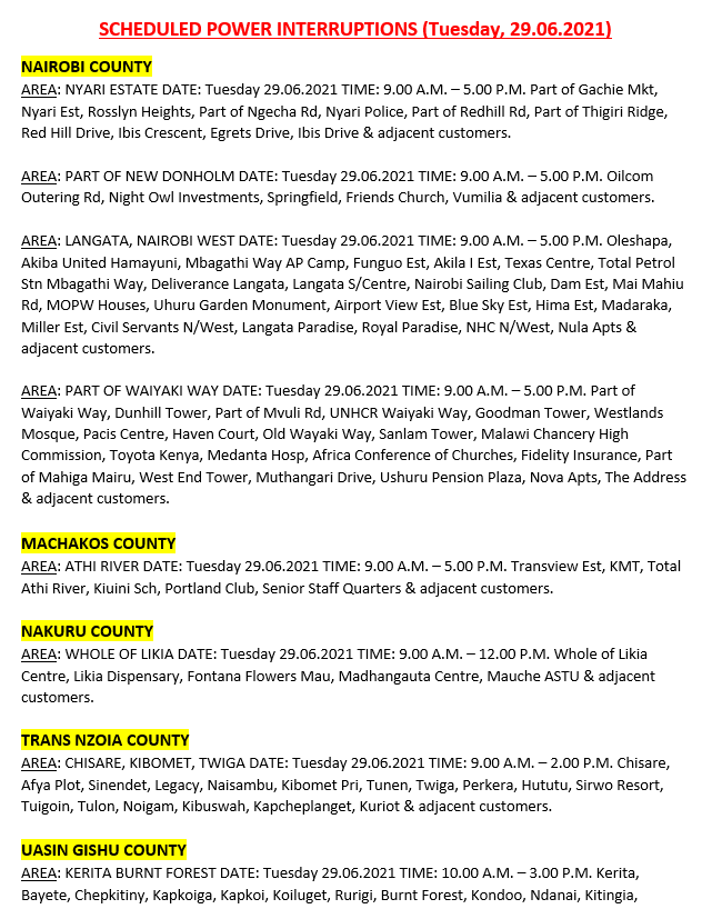 KenyaPower_Care's tweet photo. Hello, these areas will be affected by planned power interruptions tomorrow: ^BT https://t.co/4ugMP6oEkM