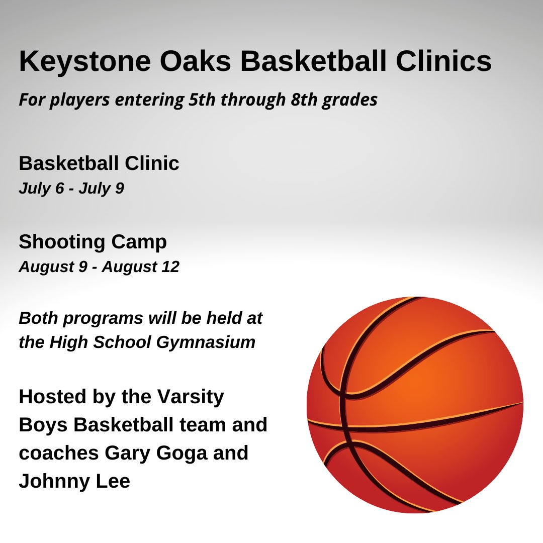 The Varsity Boys Basketball team and coaches Gary Goga and Johnny Lee are hosting two upcoming clinics for students entering 5th through 8th grades. 🏀

Basketball Clinic Info: share.peachjar.com/flyers/2095245…

Shooting Camp Info: share.peachjar.com/flyers/2095247…

<a href="/ko_goldeneagles/">Keystone Oaks Sports</a>