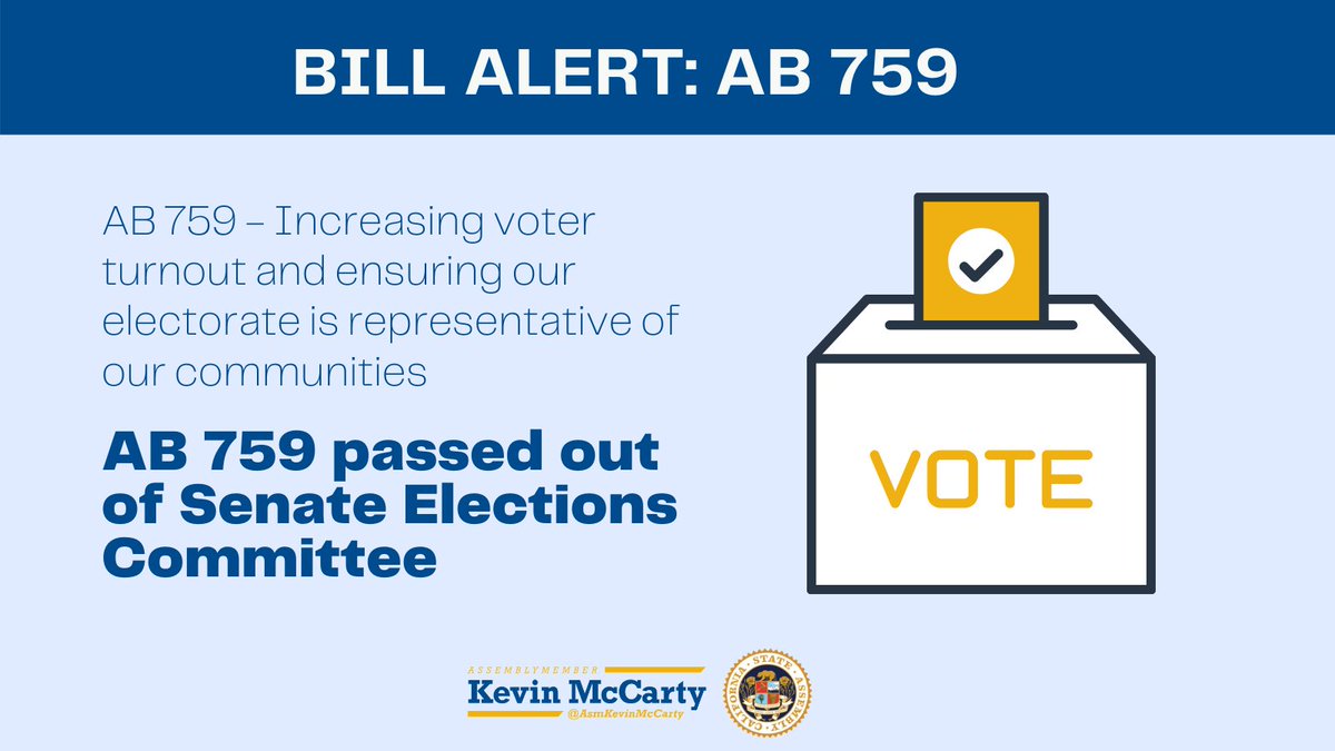 MayorMcCarty's tweet photo. 🚨BILL ALERT 🚨#AB759 just passed out of Senate Elections Committee. This bill will promote political equality and enhanced citizen participation in county elections. https://t.co/FNNf0Os7EB