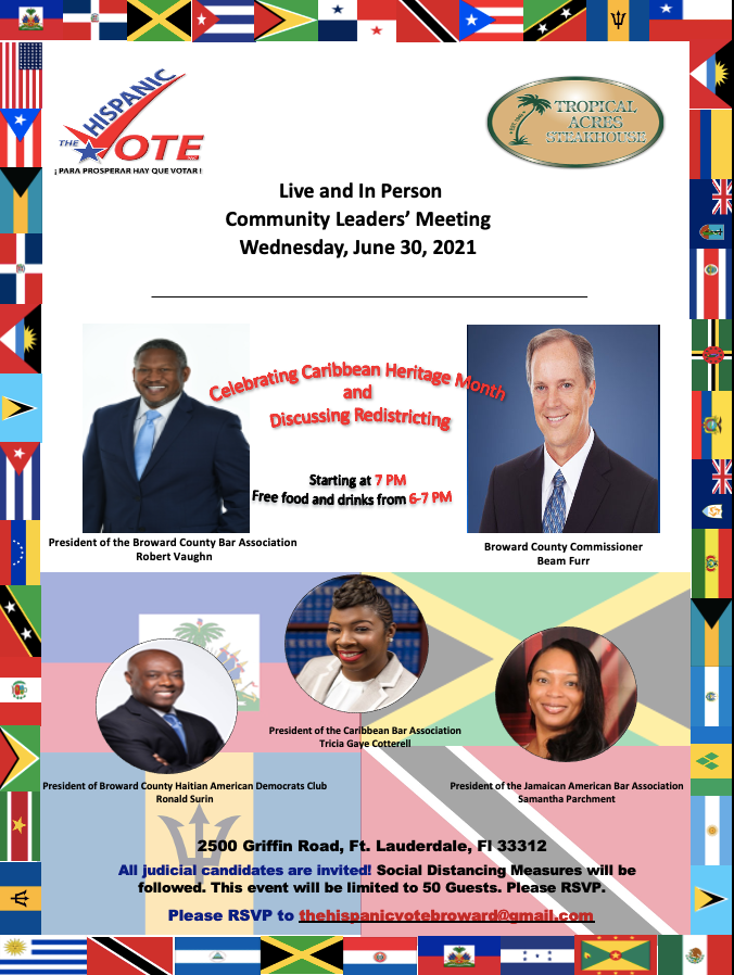 hispanicvotepac's tweet photo. Join us on Wednesday at 7 to Celebrate Caribbean Heritage Month and discuss redistricting with @beamfurr Robert Vaughn from @Broward_Bar and other special guests. Free food and drink will be available. https://t.co/Pa8Z2VWb2f