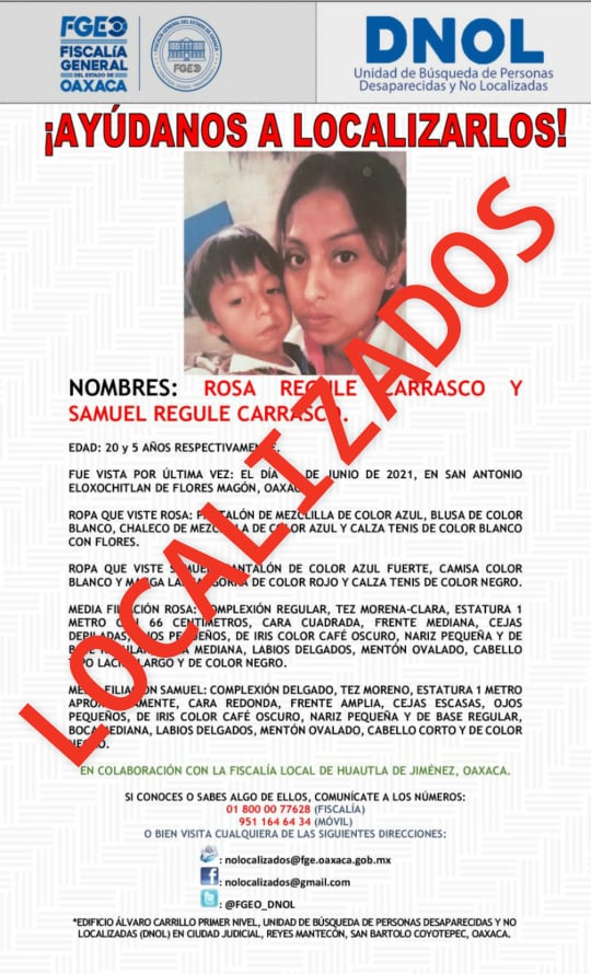 La @FISCALIA_GobOax, a través de la @AEI_Oaxaca, localizó en #SanPedroOcopetatillo, región de la #Cañada a la mujer Rosa Regule Carrasco y al niño Samuel Regule Carrasco, concluyendo el reporte 13/FNSC/DNOL-HUAUTLA/2021. @PeimbertArturo @JosAlfredolvar3