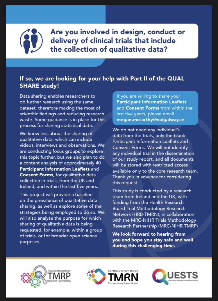 We are looking for copies of Consent Forms and participant information leaflets - sharing will help us to understand the sharing of #qualitative data in #clinicaltrials Thank you to all who have contributed so far! <a href="/hrbtmrn/">HRB-TMRN</a> <a href="/MRCNIHRTMRP/">MRC-NIHR Trials Methodology Research Partnership</a>