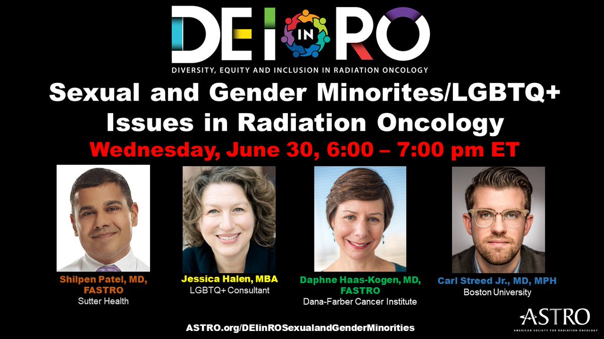 ASTRO_org's tweet photo. Don't forget to mark your calendars for this Wednesday, 6/30 @ 6PM ET for the next #DEIinRO session! @PatelShilpen, @jessicahalem, @DHaasKogan, and @cjstreed will discuss sexual and gender minorities/LGBTQ+ issues in RO. Tune in here: https://t.co/9UaCEut0wl #RadOnc #DEI #LGBTQ https://t.co/qCHF1HdzfU