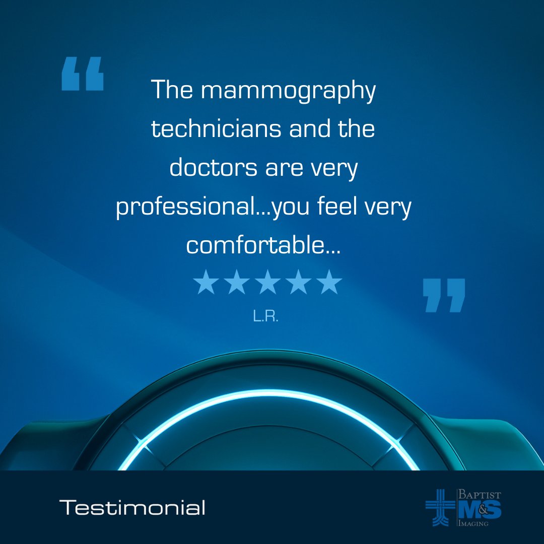 BaptistMS's tweet photo. The mammography technicians and the doctors are very professional and make you feel very comfortable....” L.R. #FiveStarReview, Listen360, 06/21/21. Thanks L.R.! Find #BreastCancer early, when it's easier to treat. 
#SATX #SanAntonio #NewBraunfels #Schertz #WomensHealth #Health https://t.co/R8QvhpX2RF