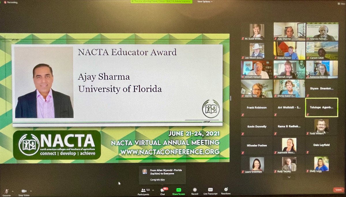 I am pleased to share that I have been awarded NACTA Educator Award by <a href="/nactateachers/">NACTA</a>. I am thankful to my College Dean and School/Center Directors for the nomination and support, and my students for positive evaluations over the years. Thank you!