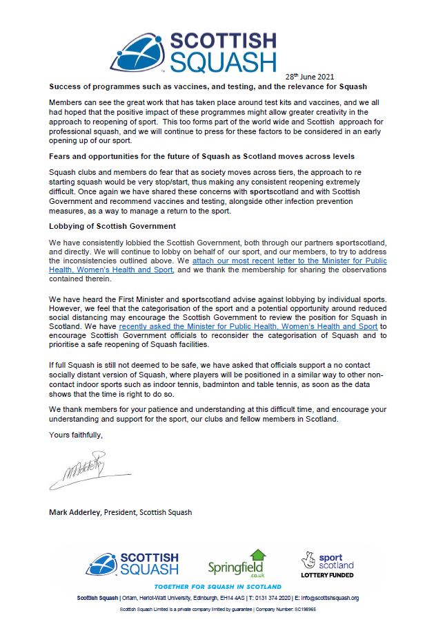News | COVID-19 Working Group Update - Monday, 28 June.

Today we've shared a letter to squash clubs in Scotland as an update around Covid-19. We encourage all clubs to share this with members.

Click below for a copy of the letter which includes links⤵️

bit.ly/2Etx5SI