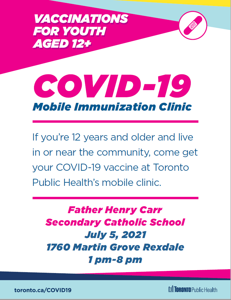 COVID-19 vaccines continue to be our best protection against COVID-19. There is a pop up clinic on July 5th at Fr Henry Carr <a href="/FHC_TCDSB/">Father Henry Carr C.S.S.</a> for the  school and local community. Youth 12+  their families who have not yet been vaccinated are encouraged to attend <a href="/TCDSB/">Toronto Catholic District School Board</a> <a href="/floracifelli/">SO Cifelli</a>
