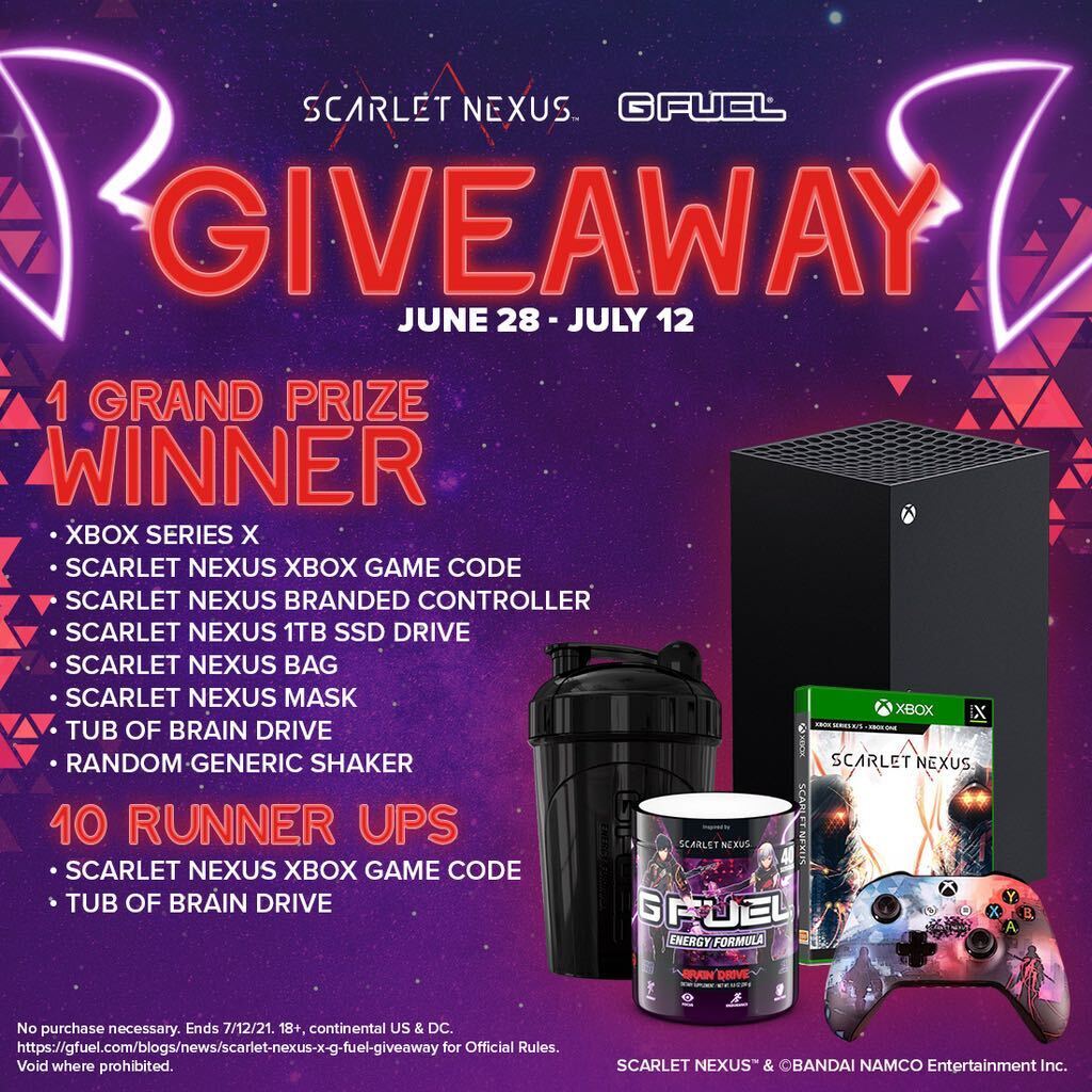 🎮🚨 𝗚𝗜𝗩𝗘𝗔𝗪𝗔𝗬 𝗔𝗟𝗘𝗥𝗧 🚨🎮

To celebrate our EPIC collab with <a href="/scarlet_nexus/">Scarlet Nexus</a> &amp; @BANDAINAMCOUS, we're GIVING AWAY an #XboxSeriesX + #SCARLETNexus Game Codes, MERCH AND #GFUEL!!!

💜 Like + RT + Tag a friend for good luck!

➡️ 𝗘𝗡𝗧𝗘𝗥: GFUEL.ly/ScarletNexusGi…