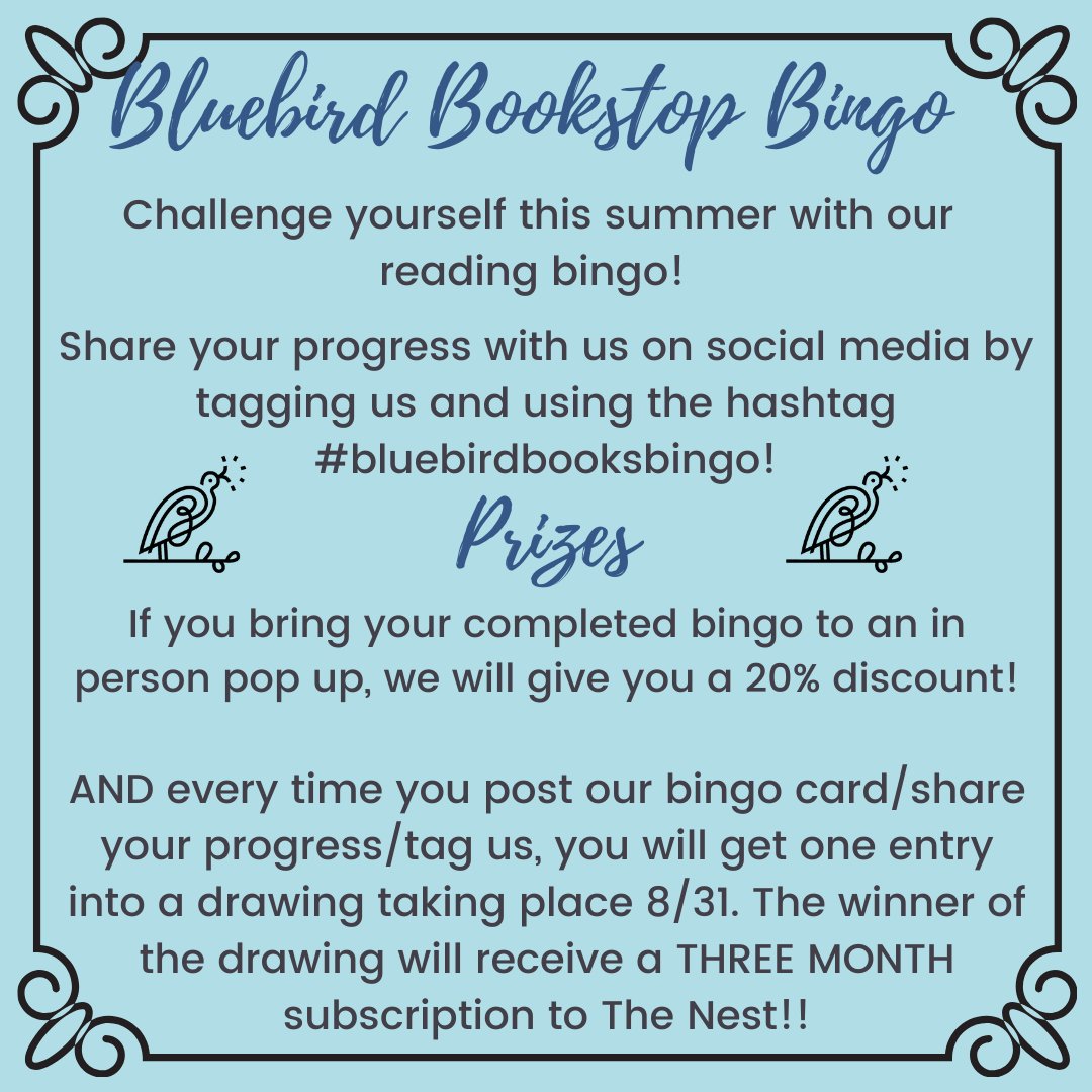 BBookstop's tweet image. Join in on all the fun!! Check out @bluebirdbookstop on instagram for details and start building up those TBRs!!! #bluebirdbooksbingo #booktwt #BookTwitter
