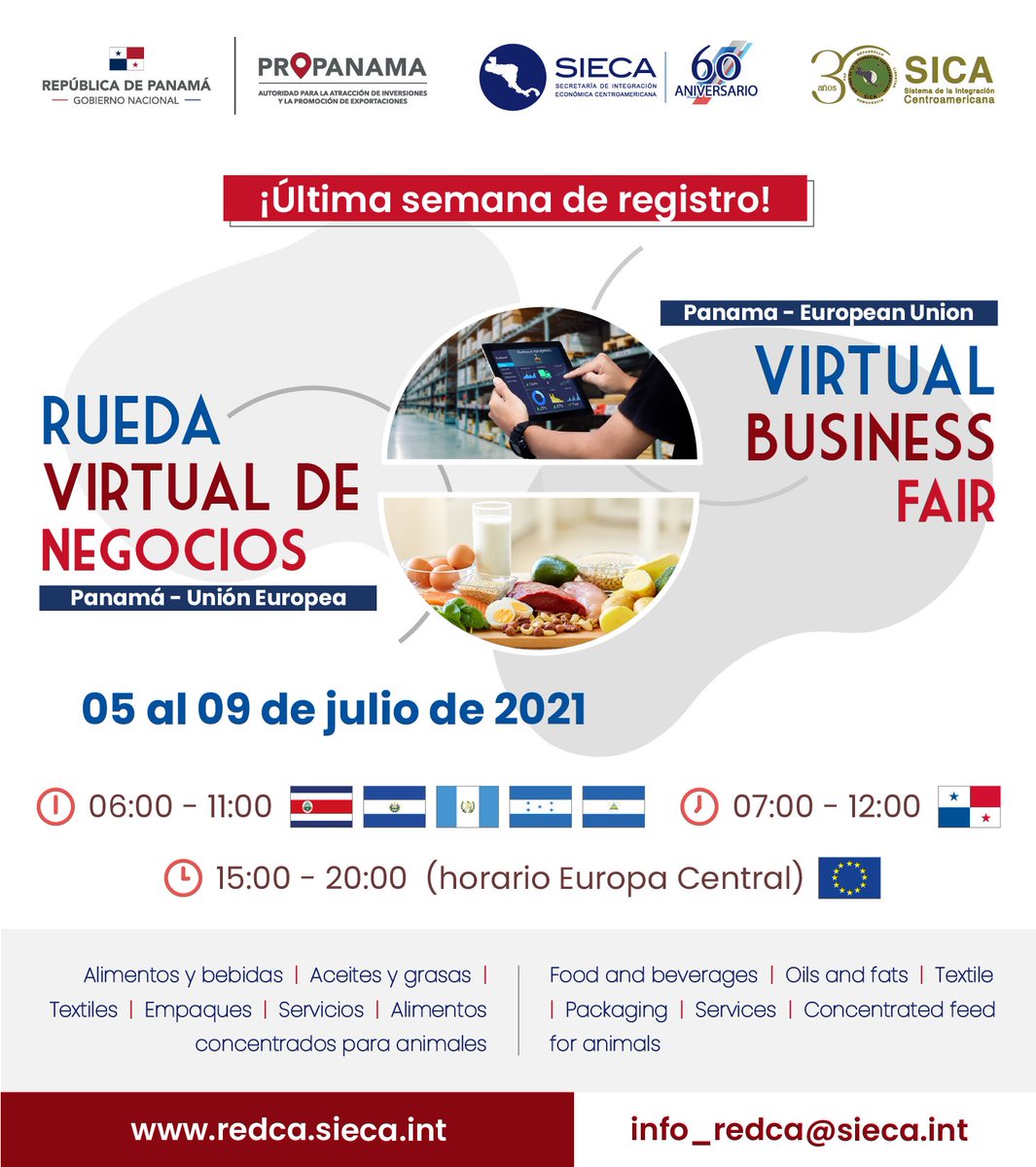 #QuédateEnCasaHaciendoNegocios 👨‍💼👩‍💼📲 Falta 1⃣ semana para que inicie la Rueda Virtual de Negocios 🇵🇦🇪🇺

Regístrate en la REDCA ➡️redca.sieca.int

🗓️ 05-09 de julio
👉 Cómo bit.ly/Comoregistrarse
📩 info_redca@sieca.int

*Actividad organizada por <a href="/propanamagob/">@PROPANAMA</a> y la SIECA