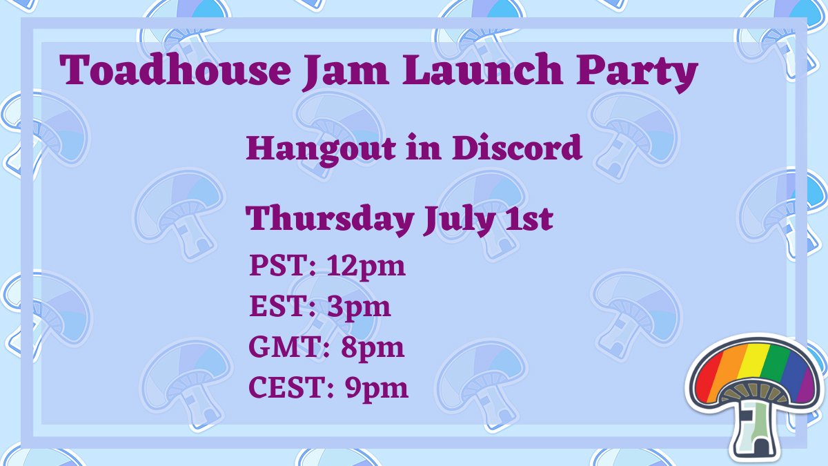 TeamToadhouse's tweet image. Our first #ToadhouseJam starts on Thursday!
We&apos;ll be hosting a launch party on July 1st in our Discord (link in bio)

Come hang out with us, get to know the other jammers, and learn about the different roles in #gamedev

*Snacks not included, please bring your own :3